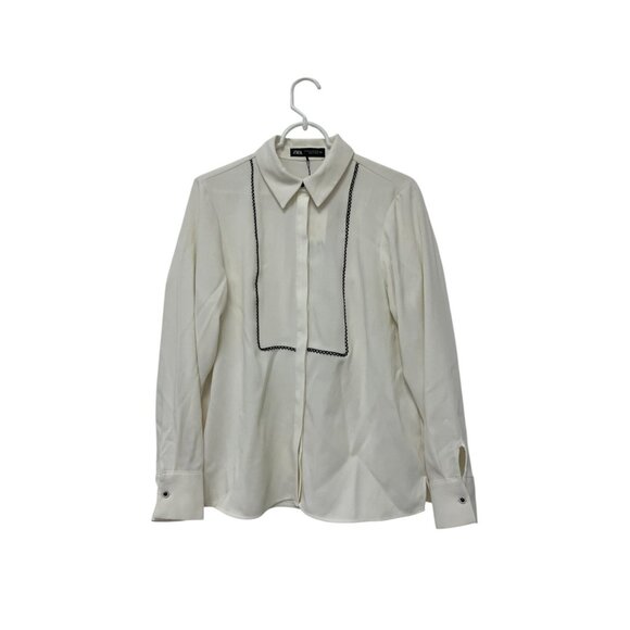 Zara Womens Button Up Shirt Blouse Size M Ivory Black contrast Polyester NWT - Picture 1 of 8